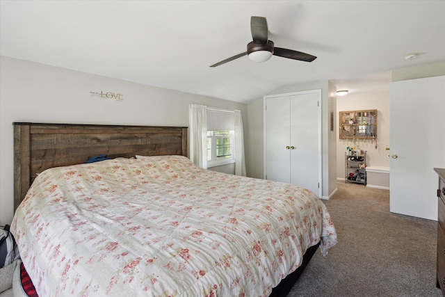 14747 A Dr N, Marshall, MI 49068 - carpeted bedroom featuring vaulted ceiling, a closet, and a ceiling fan