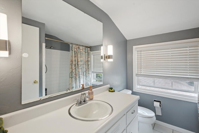 14747 A Dr N, Marshall, MI 49068 - bathroom featuring lofted ceiling, vanity, plenty of natural light, a shower with curtain, and tile patterned floors