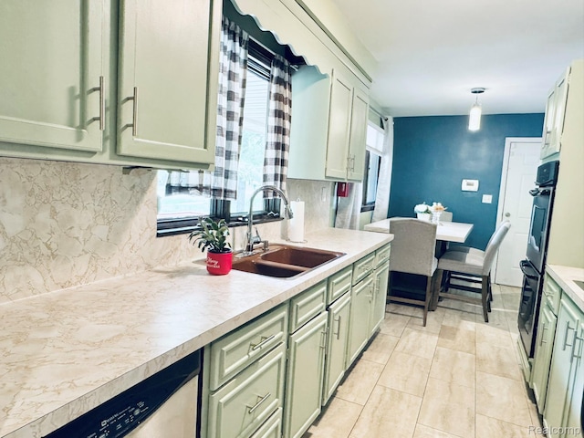 24230 Berg Rd, Commerce Twp, MI 48033 - kitchen featuring green cabinets, light countertops, dishwashing machine, double oven, and tasteful backsplash