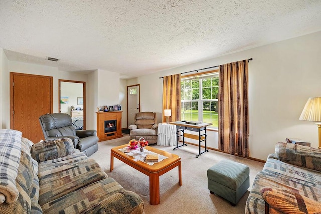 66291 M-62, Edwardsburg, MI 49112 - living area featuring light colored carpet, a textured ceiling, and a fireplace