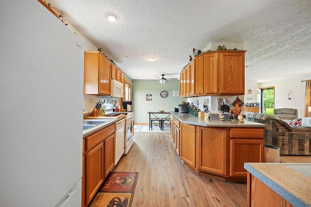 66291 M-62, Edwardsburg, MI 49112 - kitchen featuring white appliances, a textured ceiling, ceiling fan, light wood finished floors, and light countertops