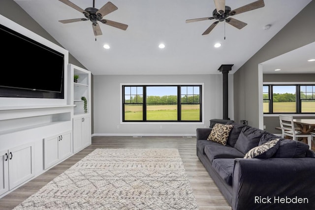 1153 S Edgar Rd, Mason, MI 48854 - living area with vaulted ceiling, a ceiling fan, light wood-type flooring, a wood stove, and recessed lighting