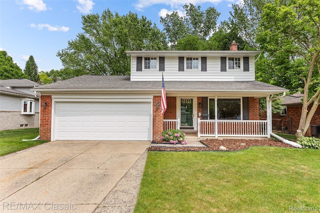 1915 Treadwell St, Westland, MI 48186 - traditional home with covered porch, brick siding, driveway, and a chimney