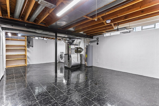 1915 Treadwell St, Westland, MI 48186 - basement featuring washer and clothes dryer, heating unit, water heater, electric panel, and a textured wall