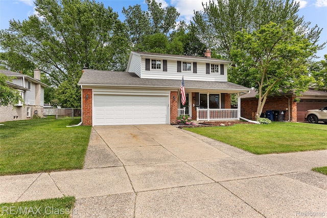 1915 Treadwell St, Westland, MI 48186 - traditional-style home featuring a porch, brick siding, a chimney, concrete driveway, and a garage