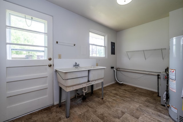 8741 Meadow Ln, Berrien Springs, MI 49103 - laundry room with water heater, wood finished floors, and electric panel