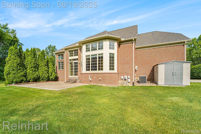 2032 Cameo Ct, Canton, MI 48187 - back of house featuring a storage shed, entry steps, brick siding, a patio, and a lawn