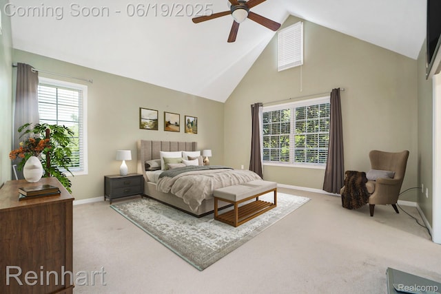 2032 Cameo Ct, Canton, MI 48187 - bedroom with light colored carpet, high vaulted ceiling, multiple windows, and ceiling fan
