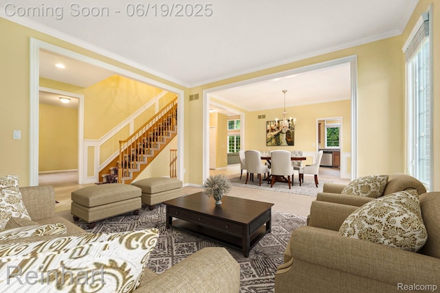 2032 Cameo Ct, Canton, MI 48187 - living area featuring stairway, a chandelier, and crown molding