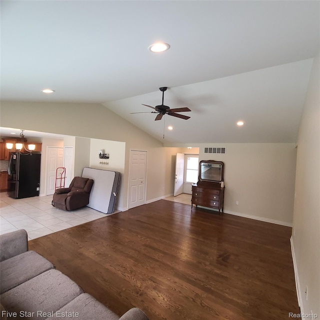 105 Degurse Ave, Marine City, MI 48039 - living room featuring lofted ceiling, ceiling fan, light wood-type flooring, a chandelier, and recessed lighting