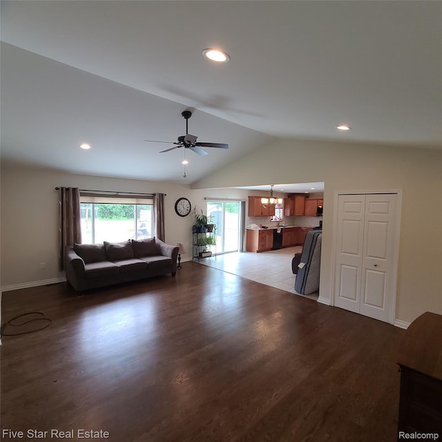 105 Degurse Ave, Marine City, MI 48039 - living area with vaulted ceiling, ceiling fan, light wood-style flooring, a chandelier, and recessed lighting