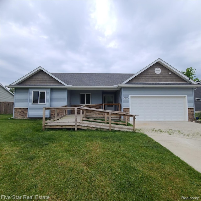 105 Degurse Ave, Marine City, MI 48039 - ranch-style home featuring a garage, driveway, a front lawn, a shingled roof, and a wooden deck