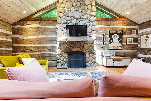 1874 Yeckley Rd, Hastings, MI 49058 - living room featuring wooden ceiling, lofted ceiling, hardwood / wood-style floors, wooden walls, and a fireplace