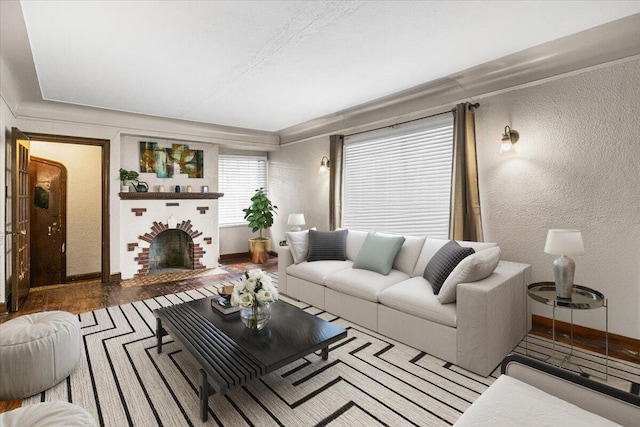 8304 Pinehurst St, Detroit, MI 48204 - living room with a textured wall, a fireplace, and wood finished floors