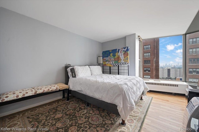 8200 E Jefferson Ave Unit 1802, Detroit, MI 48214 - bedroom with radiator, wood finished floors, and a city view