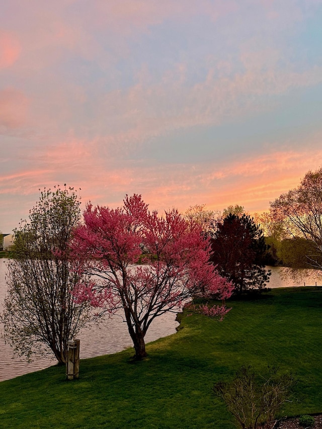 2973 Riley Ridge Rd, Holland, MI 49424 - yard at dusk featuring a water view and a lawn