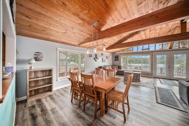 2759 Hemlock Rd, Quincy, MI 49082 - dining space featuring wooden ceiling, french doors, and wood finished floors