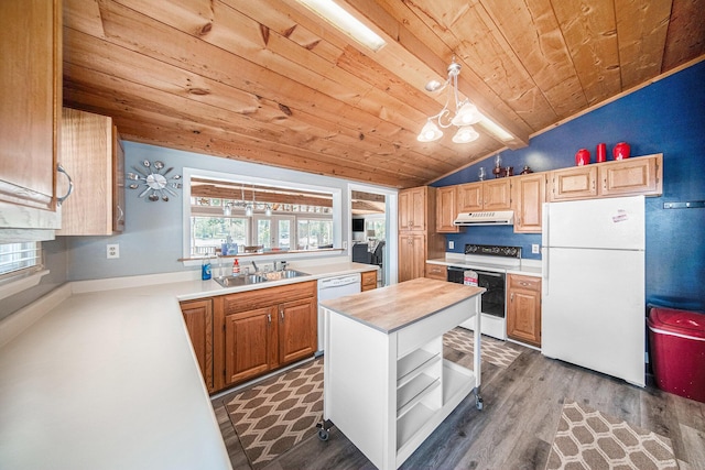 2759 Hemlock Rd, Quincy, MI 49082 - kitchen with white appliances, wood ceiling, under cabinet range hood, vaulted ceiling, and dark wood finished floors