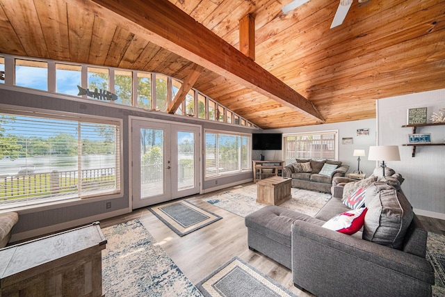 2759 Hemlock Rd, Quincy, MI 49082 - living area featuring french doors, wooden ceiling, wood finished floors, and ceiling fan