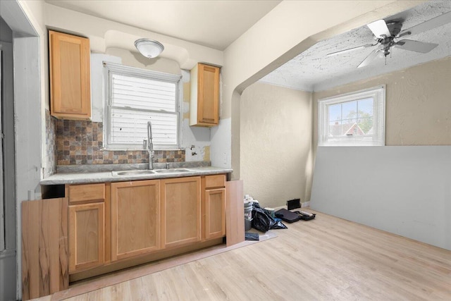 20192 Rogge St, Detroit, MI 48234 - kitchen featuring light wood-style floors, tasteful backsplash, ceiling fan, and light countertops