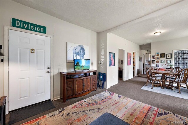 1769 W Warren Ave, Detroit, MI 48208 - living room with dark colored carpet and a textured ceiling