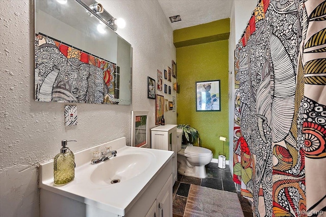 1769 W Warren Ave, Detroit, MI 48208 - bathroom featuring a textured wall, vanity, and a shower with shower curtain