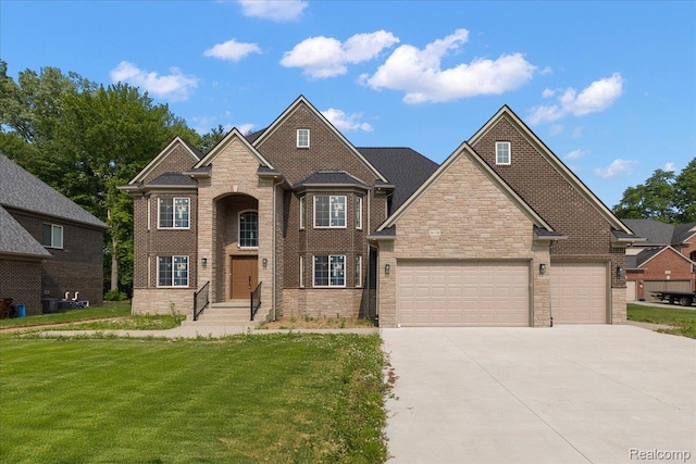 56350 Willow Creek Blvd, Utica, MI 48316 - view of front of house featuring concrete driveway, a garage, a front yard, and stone siding