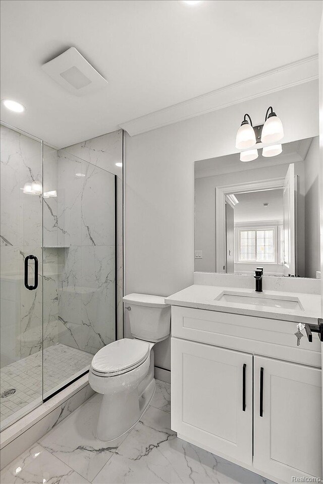 56350 Willow Creek Blvd, Utica, MI 48316 - full bath with vanity, a marble finish shower, ornamental molding, and marble finish floors
