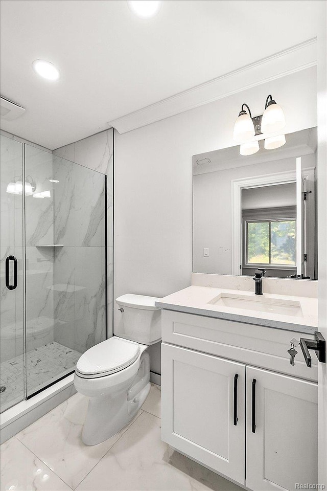 56350 Willow Creek Blvd, Utica, MI 48316 - bathroom with marble look tile flooring, vanity, a marble finish shower, recessed lighting, and ornamental molding
