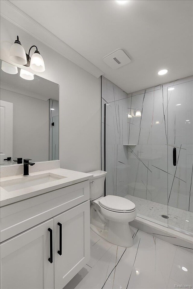 56350 Willow Creek Blvd, Utica, MI 48316 - bathroom with a marble finish shower, vanity, marble look tiles, and recessed lighting