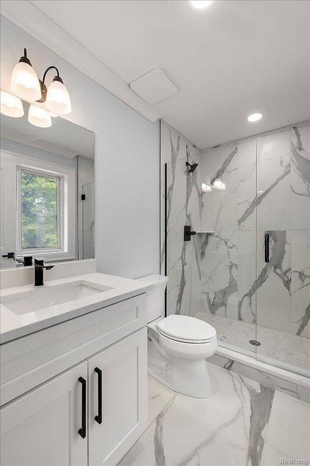 56350 Willow Creek Blvd, Utica, MI 48316 - full bathroom with a marble finish shower, marble finish flooring, vanity, and recessed lighting