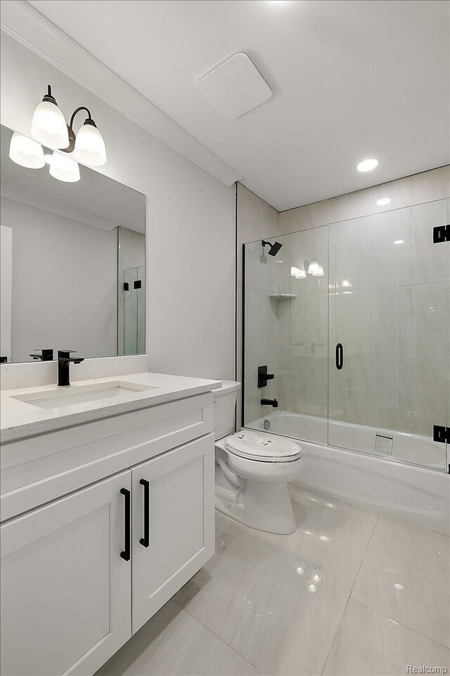56350 Willow Creek Blvd, Utica, MI 48316 - full bathroom featuring shower / bath combination with glass door, vanity, marble finish flooring, and recessed lighting