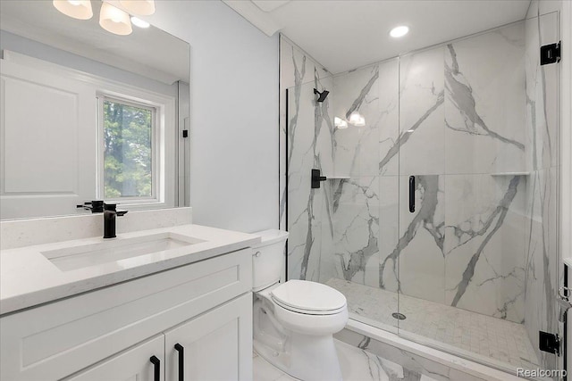56350 Willow Creek Blvd, Utica, MI 48316 - bathroom with a marble finish shower, recessed lighting, vanity, and marble finish flooring