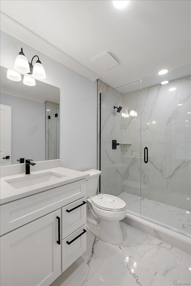 56350 Willow Creek Blvd, Utica, MI 48316 - bathroom featuring marble finish flooring, a marble finish shower, vanity, and crown molding