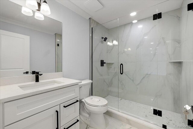56350 Willow Creek Blvd, Utica, MI 48316 - full bath with marble finish floors, a marble finish shower, vanity, a chandelier, and ornamental molding