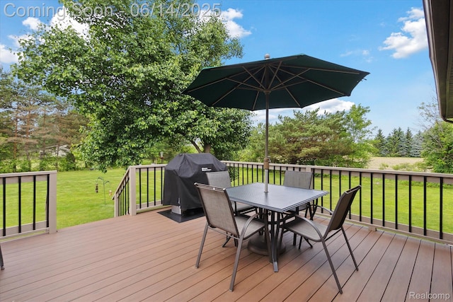 3328 S Vassar Rd, Burton, MI 48519 - wooden terrace with outdoor dining space, a grill, a yard, and view of wooded area