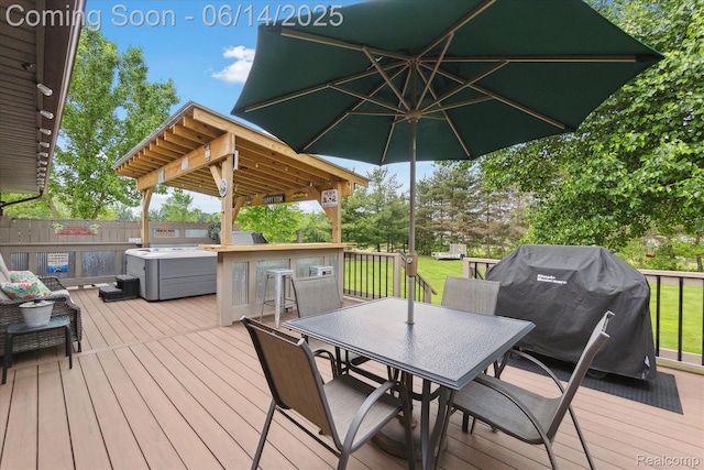 3328 S Vassar Rd, Burton, MI 48519 - wooden terrace featuring a grill, a hot tub, and outdoor dining area
