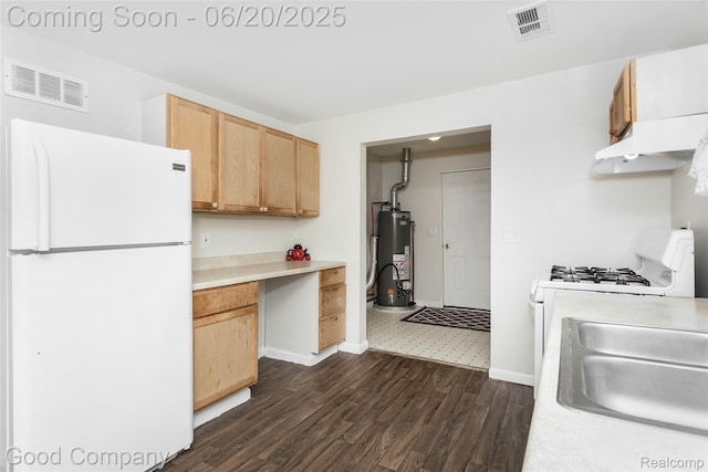 755 Robinwood St, Pontiac, MI 48340 - kitchen featuring white appliances, water heater, light brown cabinetry, custom range hood, and dark wood-style flooring