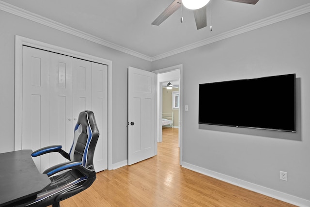8475 Homerich Ave SW, Byron Center, MI 49315 - home office featuring a ceiling fan, light wood-style flooring, and ornamental molding