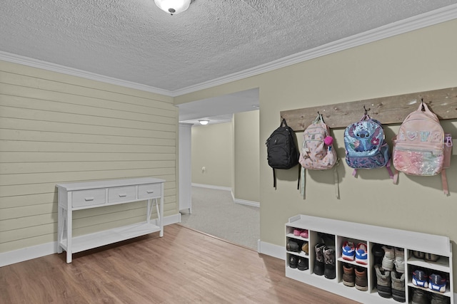8475 Homerich Ave SW, Byron Center, MI 49315 - mudroom featuring a textured ceiling, wood finished floors, and ornamental molding