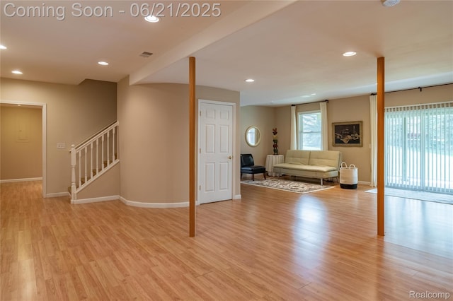 48671 Timber Crest Ct, Plymouth, MI 48170 - living area with light wood-style flooring, stairs, and recessed lighting