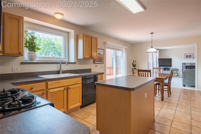 48671 Timber Crest Ct, Plymouth, MI 48170 - kitchen with dishwasher, a kitchen island, dark countertops, decorative light fixtures, and light tile patterned flooring