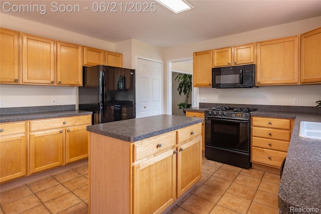 48671 Timber Crest Ct, Plymouth, MI 48170 - kitchen with black appliances, dark countertops, a kitchen island, light tile patterned floors, and light brown cabinetry