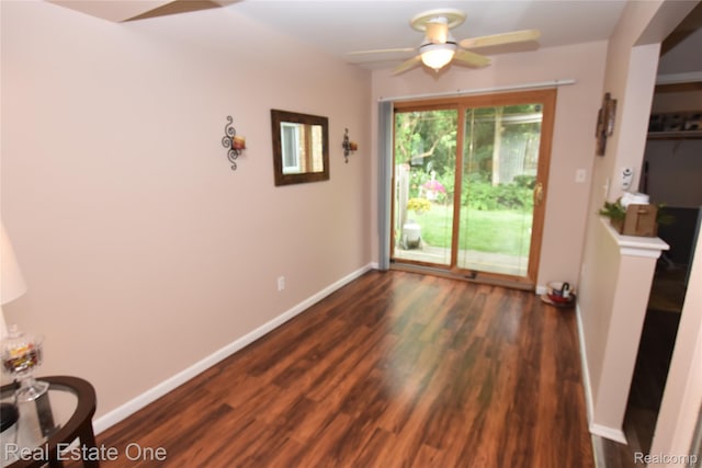 1350 Laurel Valley Dr, Waterford, MI 48327 - unfurnished dining area featuring ceiling fan and dark wood-type flooring