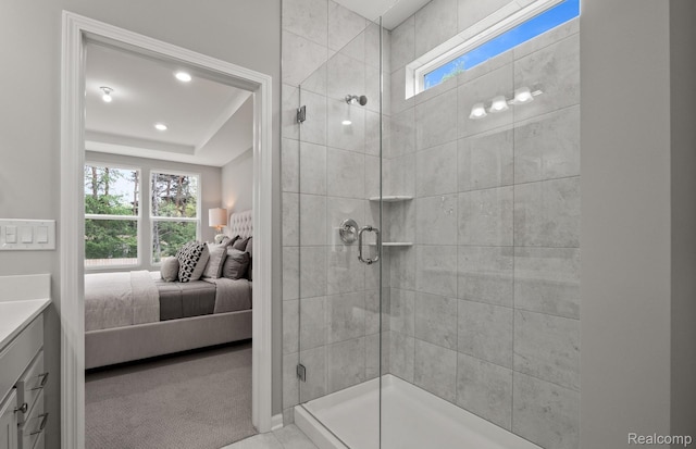 3045 Sheffield Cir, Clarkston, MI 48346 - ensuite bathroom featuring a stall shower, vanity, and recessed lighting