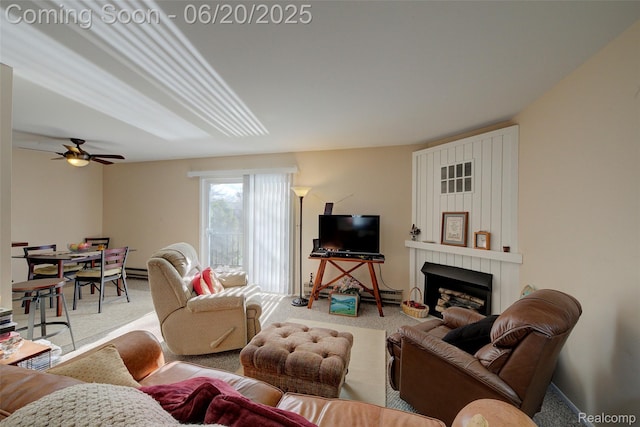 7615 Woodview St # 3, Westland, MI 48185 - living room featuring carpet, a large fireplace, and ceiling fan