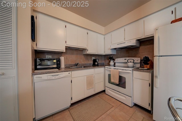 7615 Woodview St # 3, Westland, MI 48185 - kitchen featuring white appliances, under cabinet range hood, decorative backsplash, and light tile patterned floors
