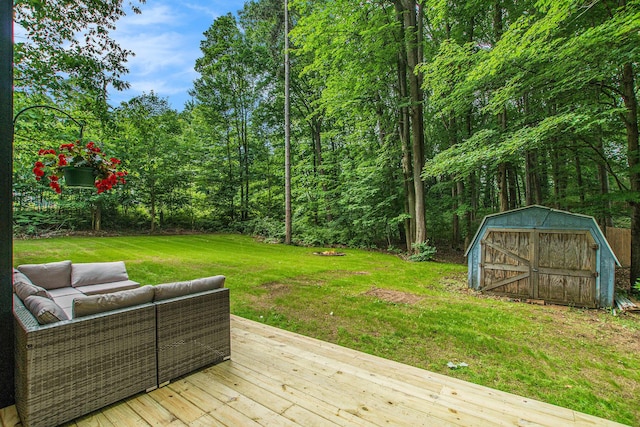 6490 Island Lake Rd, Holland, MI 49423 - wooden deck featuring a shed, outdoor lounge area, and a yard