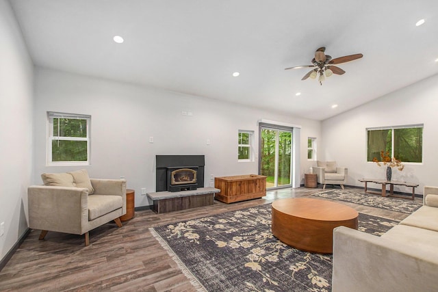 6490 Island Lake Rd, Holland, MI 49423 - living area with wood finished floors, lofted ceiling, ceiling fan, and recessed lighting