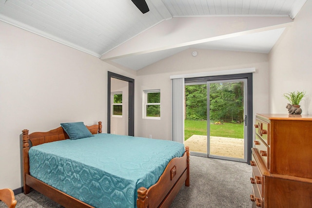 6490 Island Lake Rd, Holland, MI 49423 - carpeted bedroom featuring access to outside, lofted ceiling, and ceiling fan